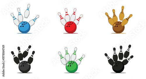 Collection of bowling strike icons showing pins falling as they are hit by a ball in various color schemes and styles.