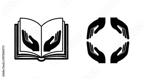 Hands holding book and forming circle.