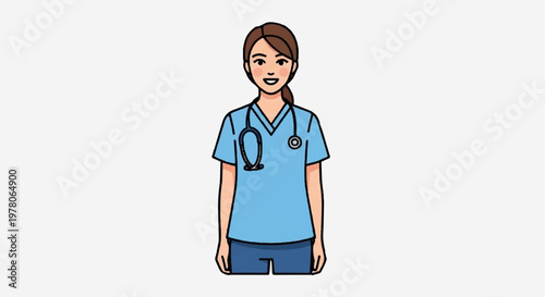 Young female nurse in blue scrubs with stethoscope portrait