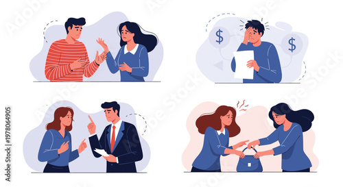 Collection of scenes depicting social conflict relationship problems financial stress and emotional distress among people.