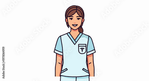 Qualified female nurse wearing blue scrubs with medical badge