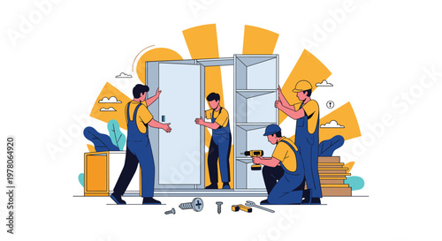 Professional workers in blue overalls assembling large metal storage cabinets at a construction or industrial site vector.