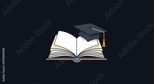 Symbolic illustration of knowledge and academic success. An open book with a graduation cap represents education, learning, and the achievement of higher studies
