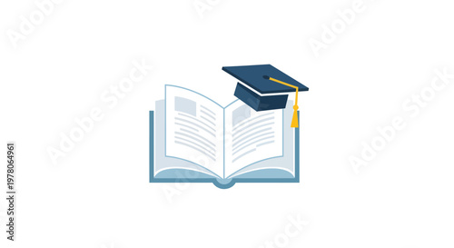 Symbolic illustration of an open academic textbook with a graduation cap, representing higher education, intellectual growth, and the journey of learning and achievement