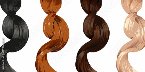 Four strands of digitally illustrated hair in varying shades