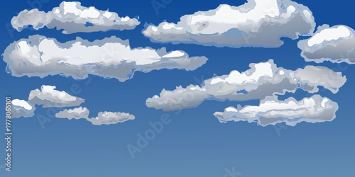A bright blue sky filled with fluffy white cartoon style clouds