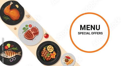 Modern restaurant menu layout featuring gourmet meat and fish dishes including steak chicken and grilled fish on plates.