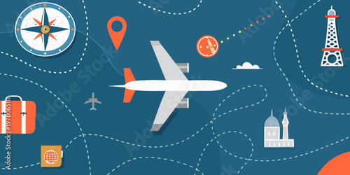 Travel themed illustration featuring an airplane landmarks and navigational elements