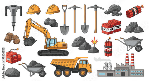 Comprehensive collection of mining and construction industry icons including heavy machinery tools and materials vector set.