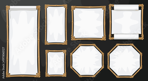 Set of decorative bamboo frames in various shapes including rectangular and octagonal with blank white paper inserts.