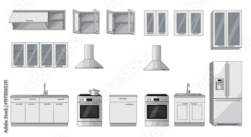 Set of high-quality kitchen interior elements including modular cabinets a refrigerator an oven and exhaust hoods vector.