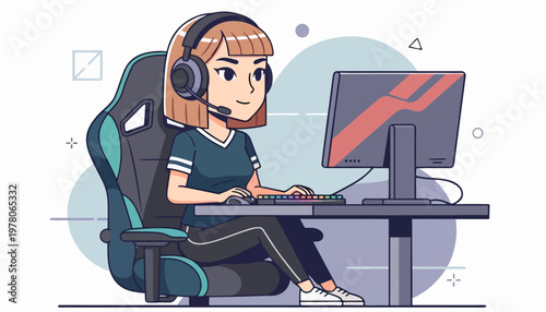 Young woman wearing headset playing video games on computer.