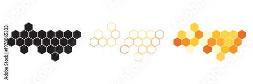 Propolis Honey comb. Yellow and Black Honeycomb structure. Honeycomb icons set. Honeycomb of bee. Honey icons. Honey hive pattern. Beehive texture. Flat logos isolated on white background. EPS 10.