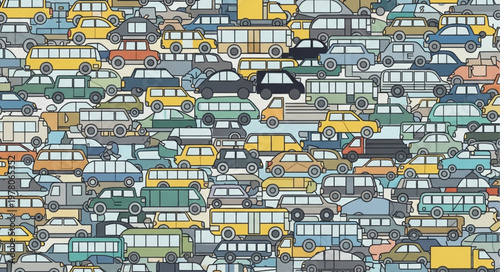Dense traffic jam of many colorful vehicles on a busy road.