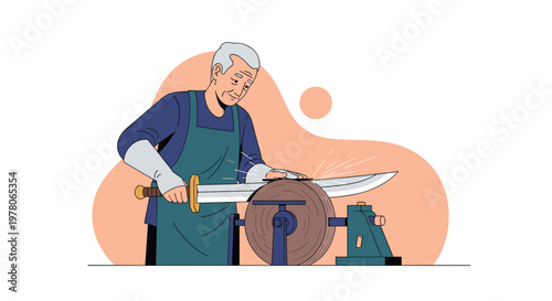 Experienced elderly craftsman focused on sharpening a long sword on a traditional grindstone wheel in his workshop vector.