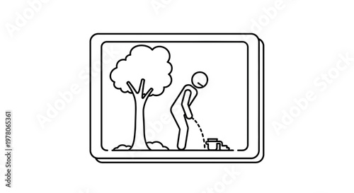 Man urinating in a bucket outdoors next to a tree, simple line art illustration