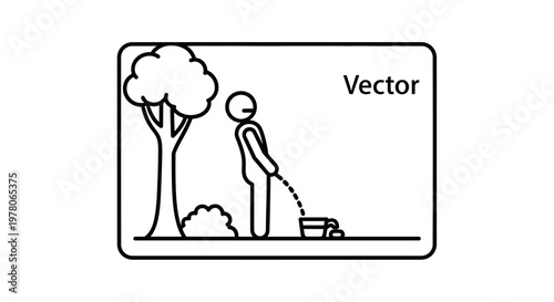 Man Urinating in Bucket Outdoors Near Tree and Bush, Stick Figure Vector Art