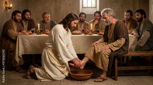 Jesus washes the feet of his disciples during the Last Supper in a humble setting