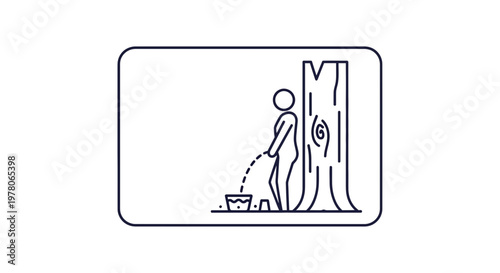 Man Urinating in Bucket Next to Tree, Outdoor Toilet Concept
