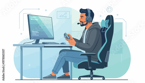 Man sitting at desk with computer and headset.