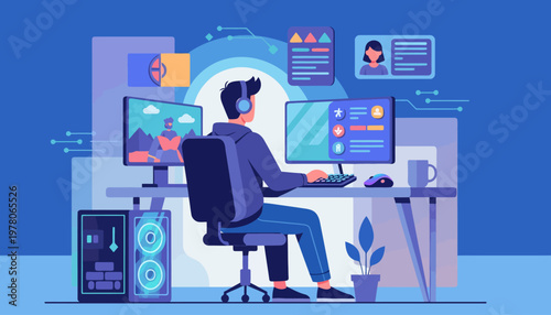 Man working on computer with multiple monitors.