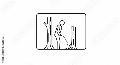 Man urinating on tree in forest, outdoor nature toilet, discreet pee symbol