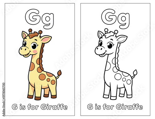 Giraffe letter g alphabet flashcard set with colorful character and outline for coloring.