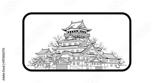 Japanese Castle Sketch: Traditional Architecture, Historical Landmark, Black and White Drawing