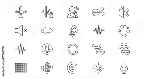 PrVoice Recognition and Audio Communication Line Icons Set
