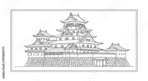 Japanese Castle Sketch: Traditional Architecture, Historical Landmark, Black and White Drawing