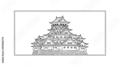Japanese Castle Sketch: Traditional Architecture, Historical Landmark, Black and White Drawing