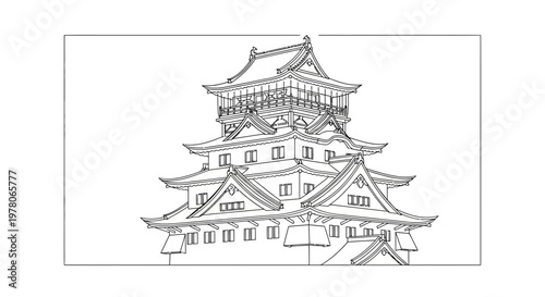 Japanese Castle Sketch: Traditional Architecture, Historical Landmark, Black and White Line Art
