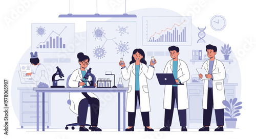 Group of professional scientists in white lab coats conducting research and analyzing data in a modern scientific laboratory setting.