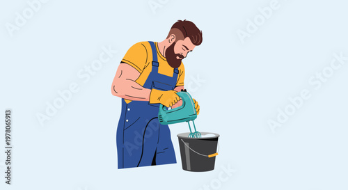 Professional worker wearing blue overalls and yellow gloves using an electric mixer to stir contents in a black plastic bucket.