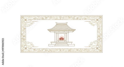 Japanese Shrine Ornate Frame Golden Outline Illustration
