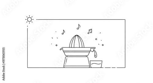 Juicer Making Fresh Juice with Music Notes and Sun Icon
