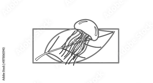 Jellyfish and Leaf Outline in Rectangle - Minimalist Vector Art