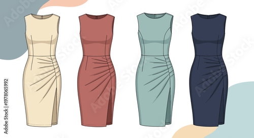 Collection of elegant sleeveless sheath dresses with side slits in various sophisticated colors like beige, mauve, and teal.