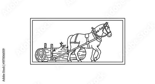 Horse pulling a log with a skid, vintage illustration, historical logging method
