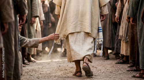 Woman touches Jesus' garment seeking healing in a crowd of followers