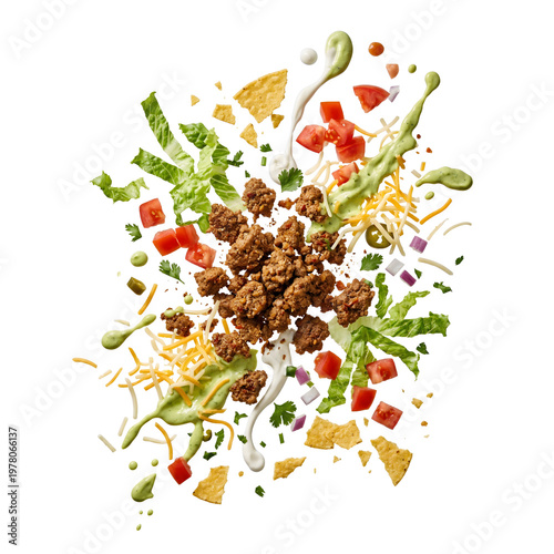 Exploded flying gourmet beef taco ingredients isolated on white background