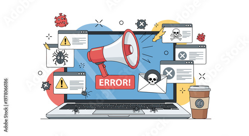 Laptop screen showing numerous security warnings, malware icons, and error messages indicating a major cyber threat or virus attack.