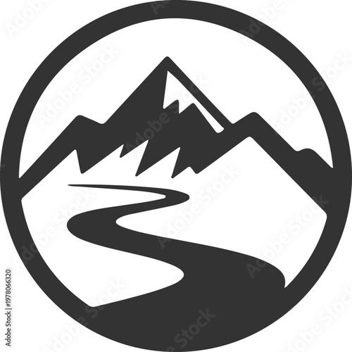 Circular mountain and winding river logo emblem for eco-tourism and nature conservation