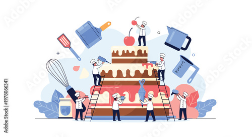 Tiny professional chefs working together on ladders to decorate a massive multi-tiered chocolate cake with cream and cherries.