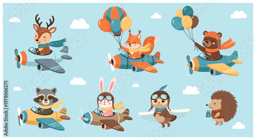 Whimsical collection of cute forest animals like a fox, bear, and raccoon flying colorful airplanes and hot air balloons in the sky.
