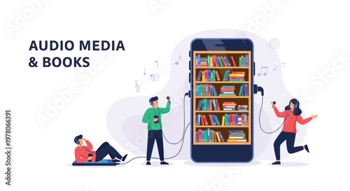 Illustration for audio media and books featuring people listening to audiobooks through headphones connected to a giant smartphone bookshelf.