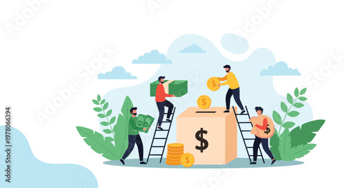 Group of diverse people working together to put stacks of coins and cash into a large wooden donation box with a dollar symbol.