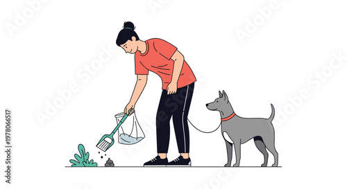 Responsible pet owner uses a scooper and a waste bag to clean up after her dog while walking in a public outdoor space or local park.