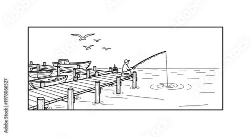 Fisherman on wooden pier casting fishing rod into calm water with boats and seagulls overhead