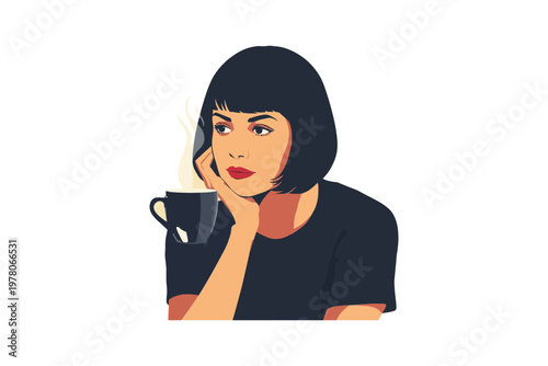 Woman holding coffee cup with thoughtful expression